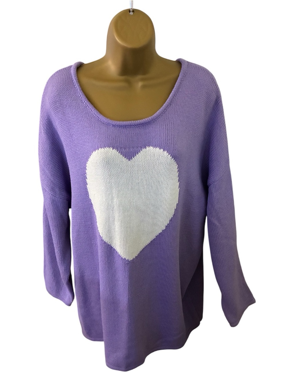 Woman Within Heart Knit Sweater Scoop Neck Long Sleeve Purple White 1X 22/24